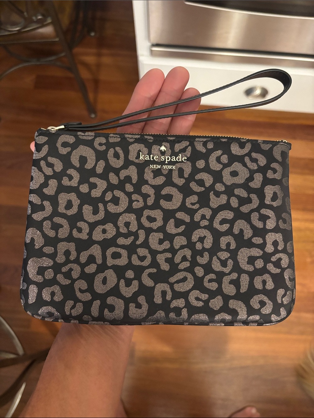 Kate Spade Large Black Wristlet with Shimmering Taupe Leopard Print